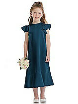 Front View Thumbnail - Atlantic Blue Flutter Sleeve Ruffle-Hem Satin Flower Girl Dress