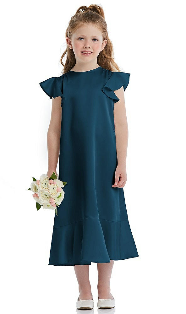 Front View - Atlantic Blue Flutter Sleeve Ruffle-Hem Satin Flower Girl Dress