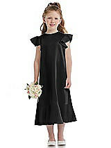 Front View Thumbnail - Black Flutter Sleeve Ruffle-Hem Satin Flower Girl Dress