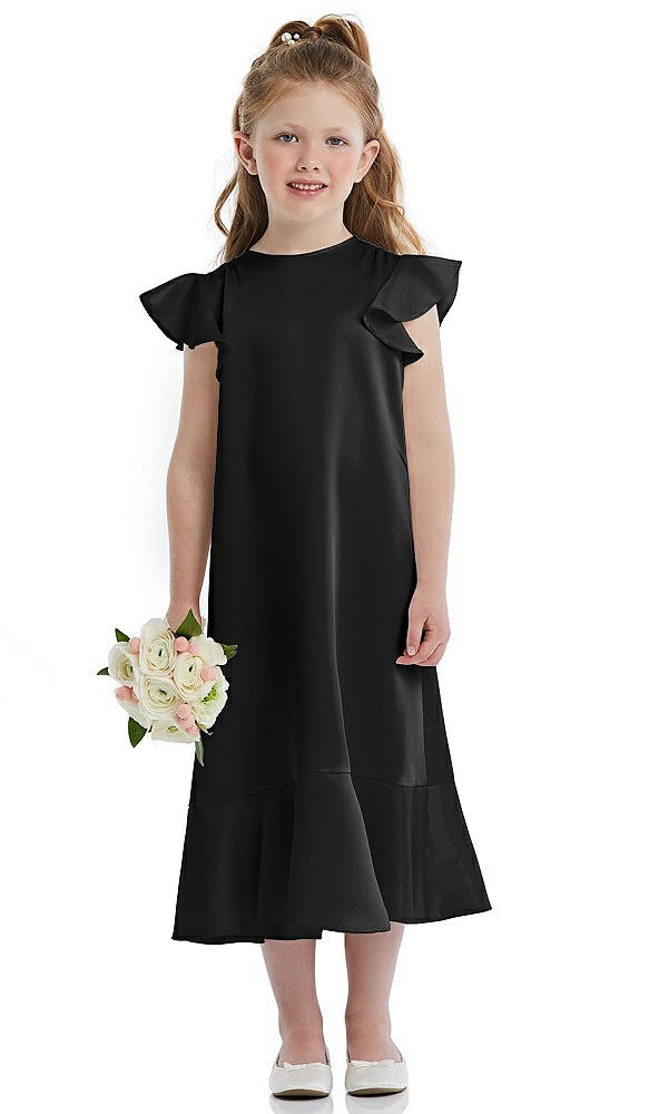 Front View - Black Flutter Sleeve Ruffle-Hem Satin Flower Girl Dress