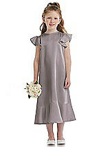 Front View Thumbnail - Cashmere Gray Flutter Sleeve Ruffle-Hem Satin Flower Girl Dress