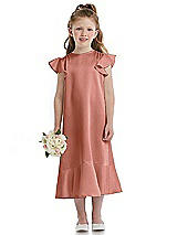 Front View Thumbnail - Desert Rose Flutter Sleeve Ruffle-Hem Satin Flower Girl Dress