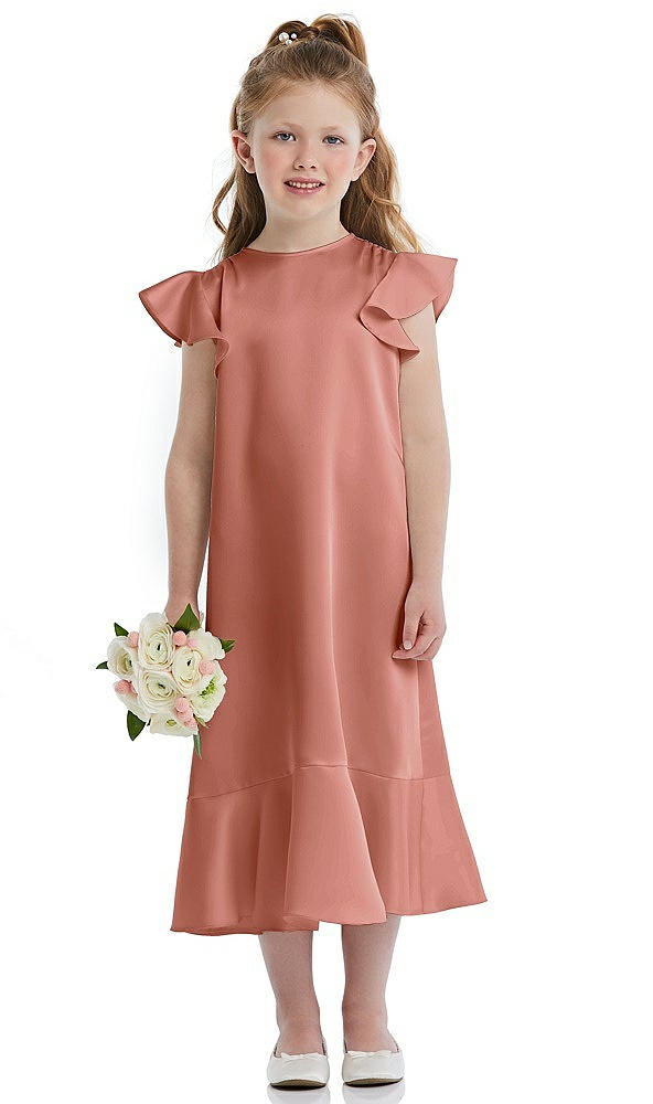 Front View - Desert Rose Flutter Sleeve Ruffle-Hem Satin Flower Girl Dress