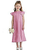 Front View Thumbnail - Powder Pink Flutter Sleeve Ruffle-Hem Satin Flower Girl Dress