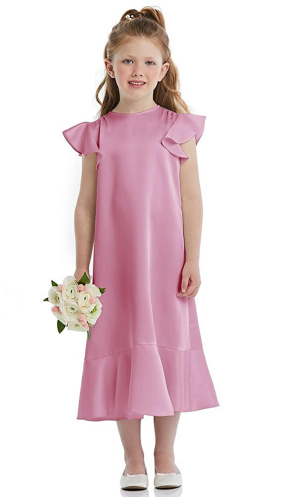 Front View - Powder Pink Flutter Sleeve Ruffle-Hem Satin Flower Girl Dress