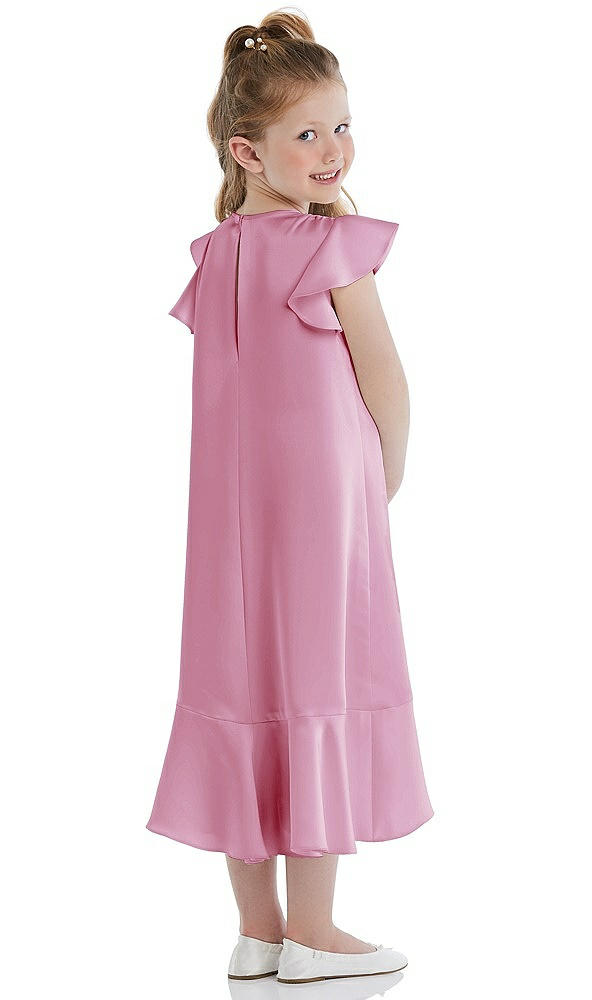 Back View - Powder Pink Flutter Sleeve Ruffle-Hem Satin Flower Girl Dress