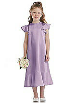 Front View Thumbnail - Pale Purple Flutter Sleeve Ruffle-Hem Satin Flower Girl Dress