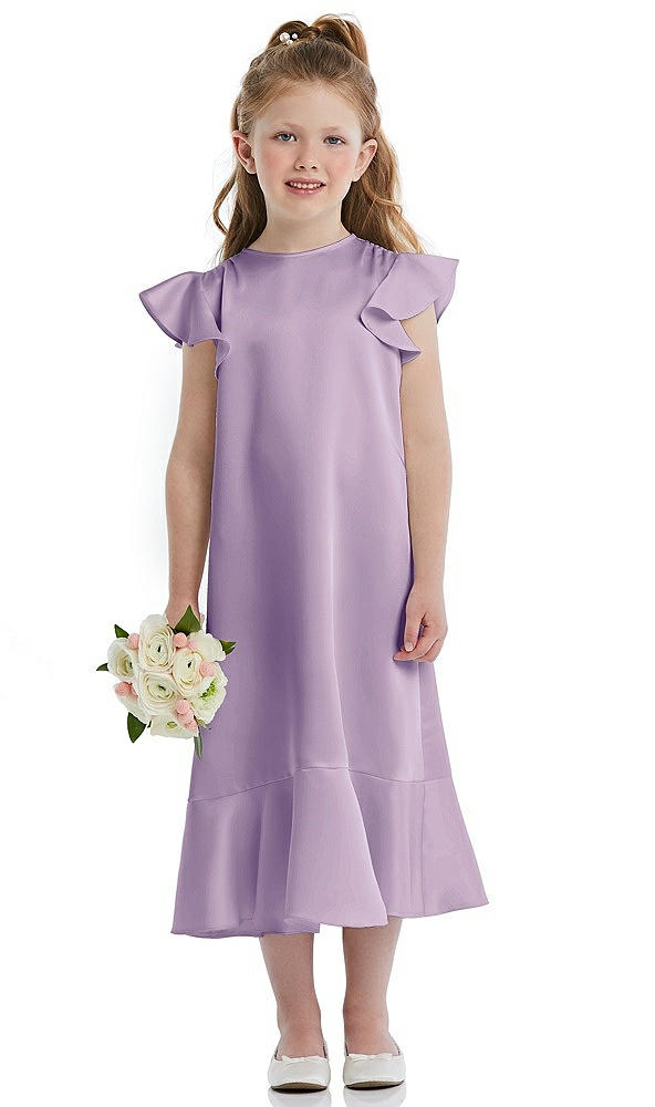 Front View - Pale Purple Flutter Sleeve Ruffle-Hem Satin Flower Girl Dress