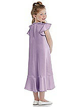 Rear View Thumbnail - Pale Purple Flutter Sleeve Ruffle-Hem Satin Flower Girl Dress