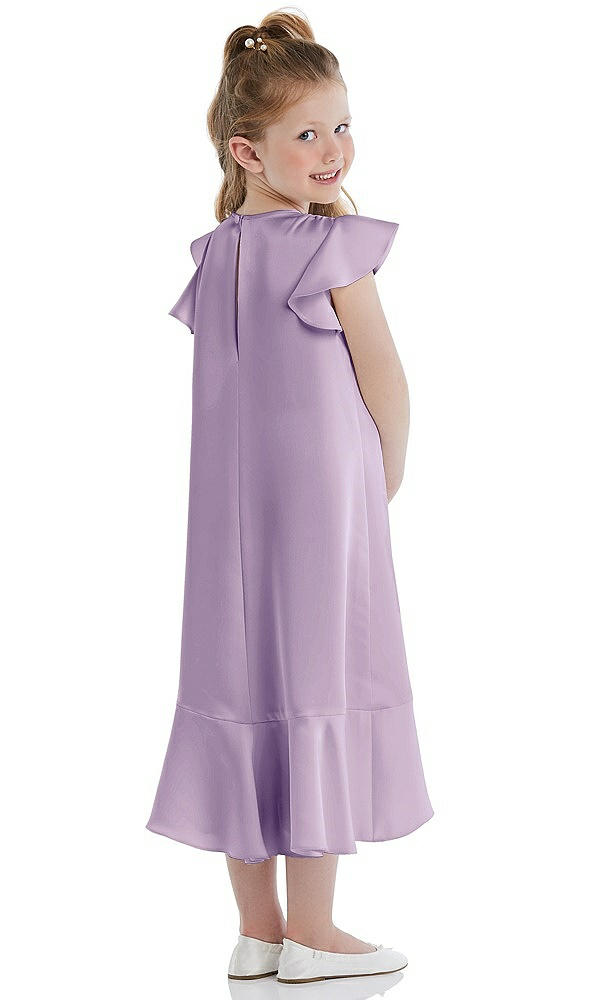 Back View - Pale Purple Flutter Sleeve Ruffle-Hem Satin Flower Girl Dress