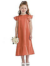 Front View Thumbnail - Terracotta Copper Flutter Sleeve Ruffle-Hem Satin Flower Girl Dress