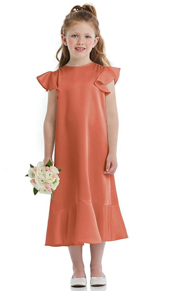 Front View - Terracotta Copper Flutter Sleeve Ruffle-Hem Satin Flower Girl Dress