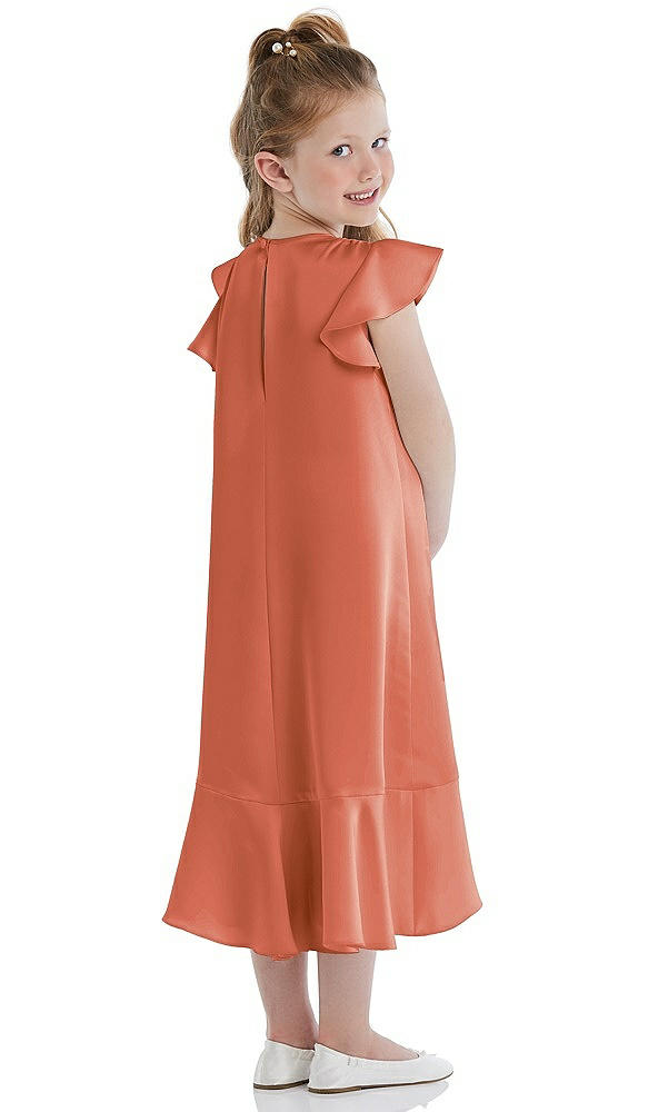 Back View - Terracotta Copper Flutter Sleeve Ruffle-Hem Satin Flower Girl Dress