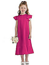 Front View Thumbnail - Think Pink Flutter Sleeve Ruffle-Hem Satin Flower Girl Dress