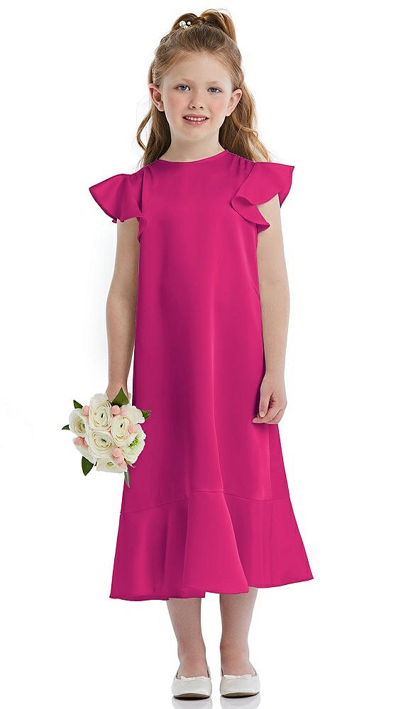 Front View - Think Pink Flutter Sleeve Ruffle-Hem Satin Flower Girl Dress