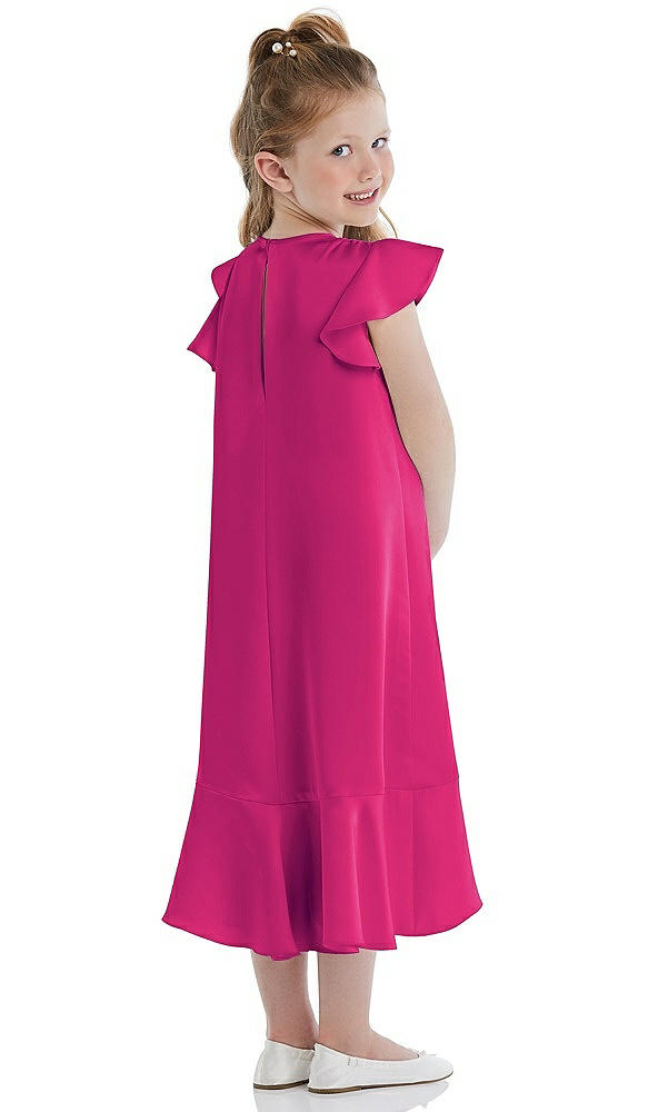 Back View - Think Pink Flutter Sleeve Ruffle-Hem Satin Flower Girl Dress