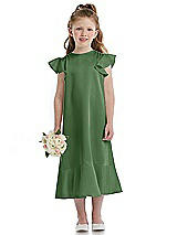 Front View Thumbnail - Vineyard Green Flutter Sleeve Ruffle-Hem Satin Flower Girl Dress