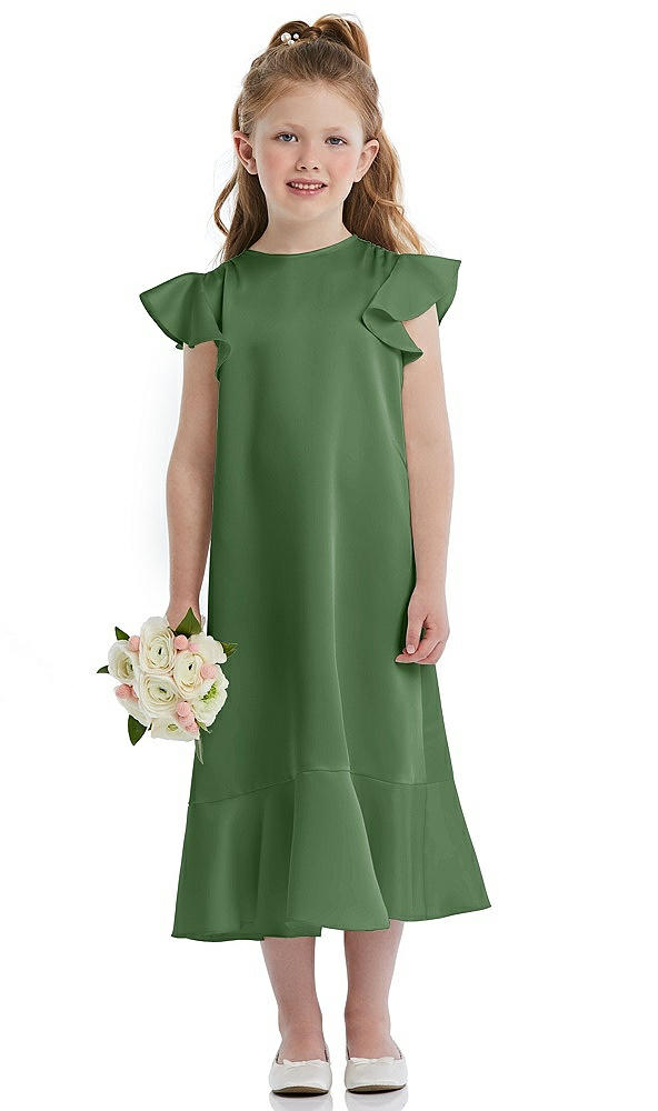 Front View - Vineyard Green Flutter Sleeve Ruffle-Hem Satin Flower Girl Dress