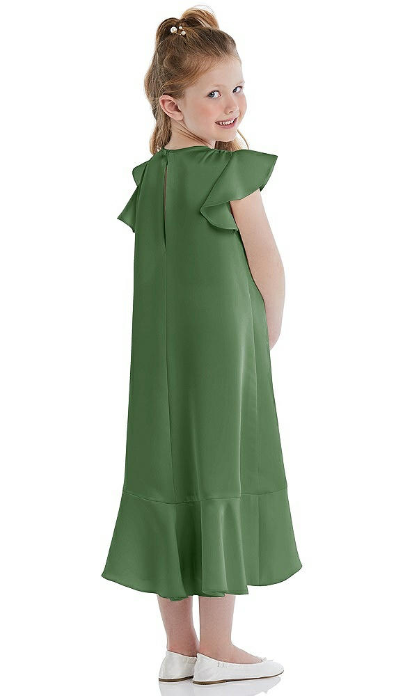 Back View - Vineyard Green Flutter Sleeve Ruffle-Hem Satin Flower Girl Dress