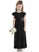 Front View Thumbnail - Black Ruched Flutter Sleeve Velvet Flower Girl Dress with Sash