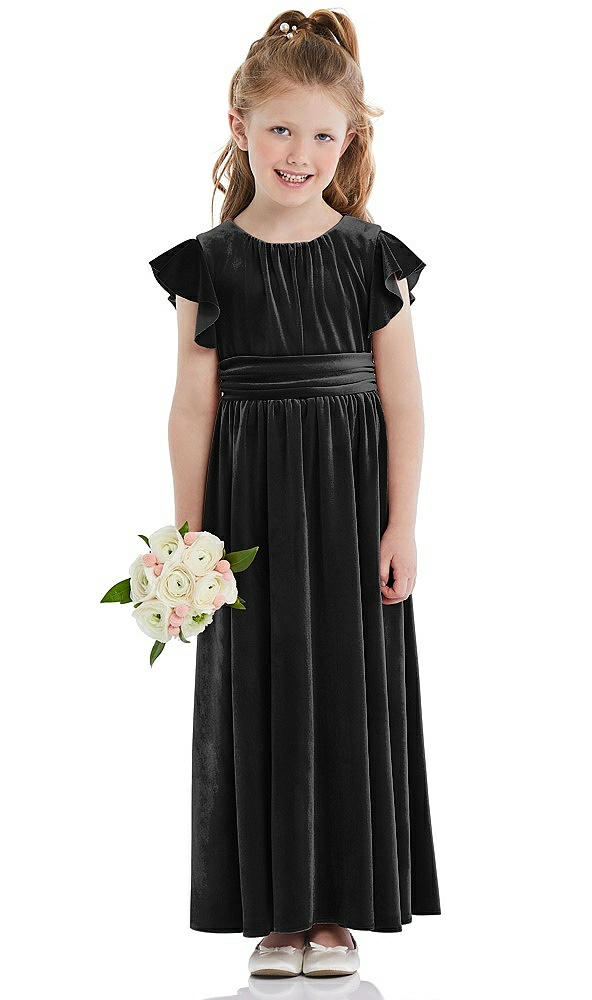 Front View - Black Ruched Flutter Sleeve Velvet Flower Girl Dress with Sash