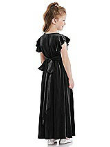 Rear View Thumbnail - Black Ruched Flutter Sleeve Velvet Flower Girl Dress with Sash