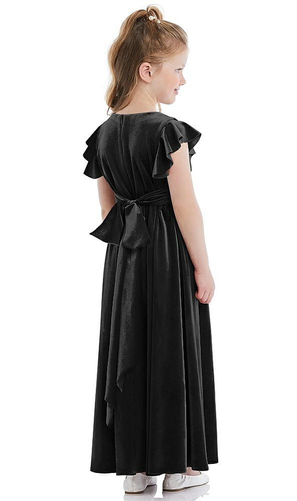 Back View - Black Ruched Flutter Sleeve Velvet Flower Girl Dress with Sash