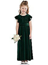 Front View Thumbnail - Evergreen Ruched Flutter Sleeve Velvet Flower Girl Dress with Sash