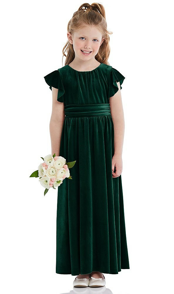 Front View - Evergreen Ruched Flutter Sleeve Velvet Flower Girl Dress with Sash