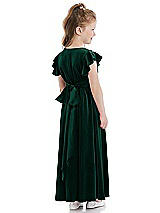 Rear View Thumbnail - Evergreen Ruched Flutter Sleeve Velvet Flower Girl Dress with Sash