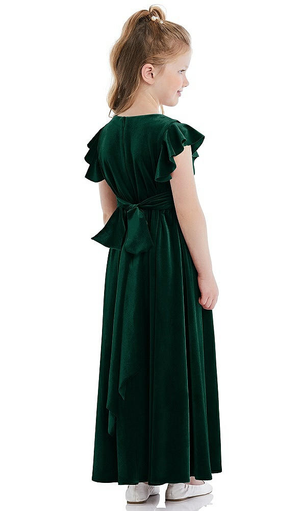 Back View - Evergreen Ruched Flutter Sleeve Velvet Flower Girl Dress with Sash