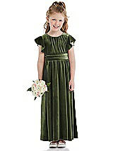 Front View Thumbnail - Olive Green Ruched Flutter Sleeve Velvet Flower Girl Dress with Sash