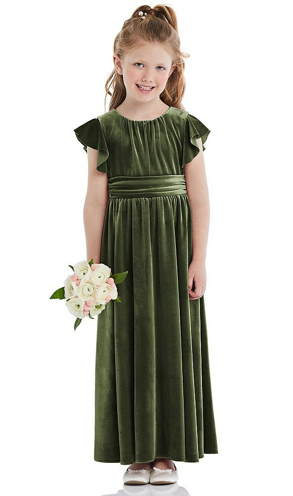 Front View - Olive Green Ruched Flutter Sleeve Velvet Flower Girl Dress with Sash