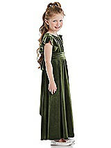 Side View Thumbnail - Olive Green Ruched Flutter Sleeve Velvet Flower Girl Dress with Sash
