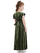 Rear View Thumbnail - Olive Green Ruched Flutter Sleeve Velvet Flower Girl Dress with Sash