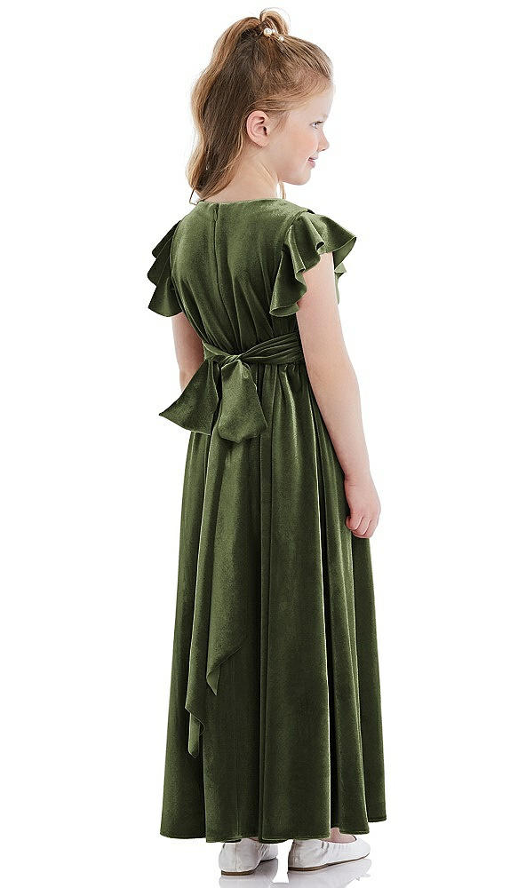 Back View - Olive Green Ruched Flutter Sleeve Velvet Flower Girl Dress with Sash