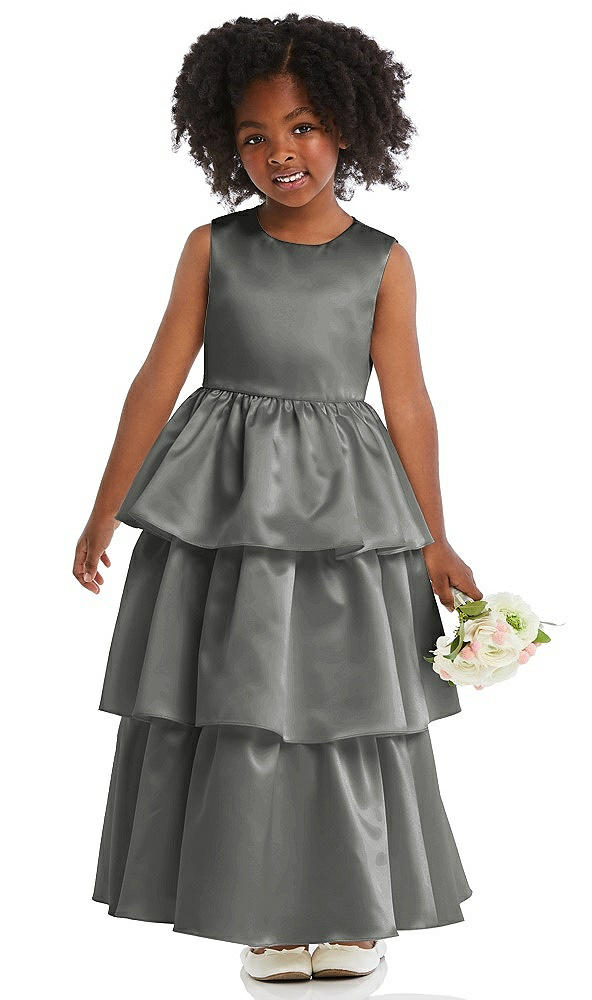 Front View - Charcoal Gray Jewel Neck Tiered Skirt Satin Flower Girl Dress