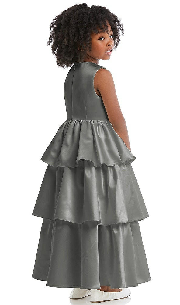 Back View - Charcoal Gray Jewel Neck Tiered Skirt Satin Flower Girl Dress