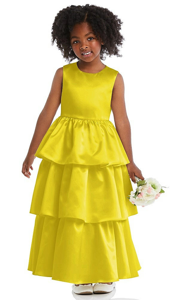 Front View - Citrus Jewel Neck Tiered Skirt Satin Flower Girl Dress