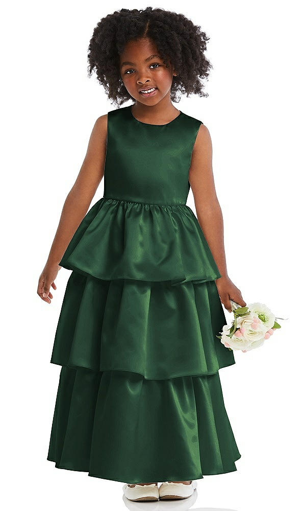 Front View - Hampton Green Jewel Neck Tiered Skirt Satin Flower Girl Dress