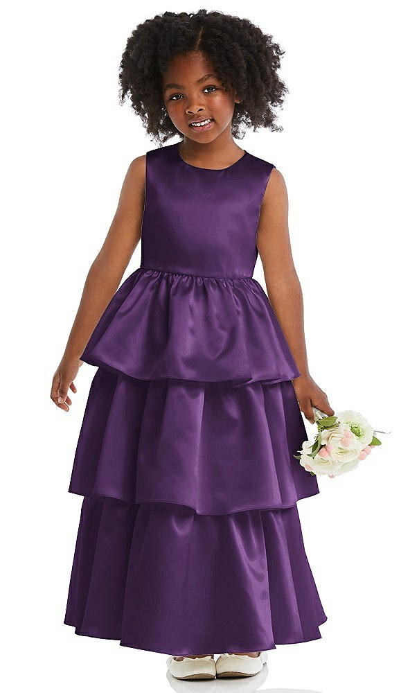 Front View - Majestic Jewel Neck Tiered Skirt Satin Flower Girl Dress