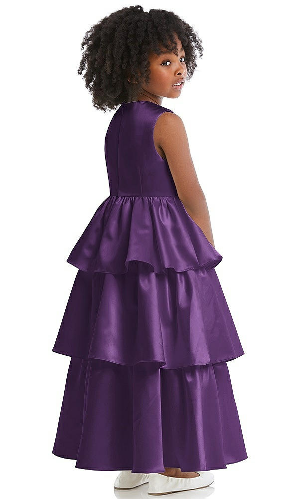 Back View - Majestic Jewel Neck Tiered Skirt Satin Flower Girl Dress