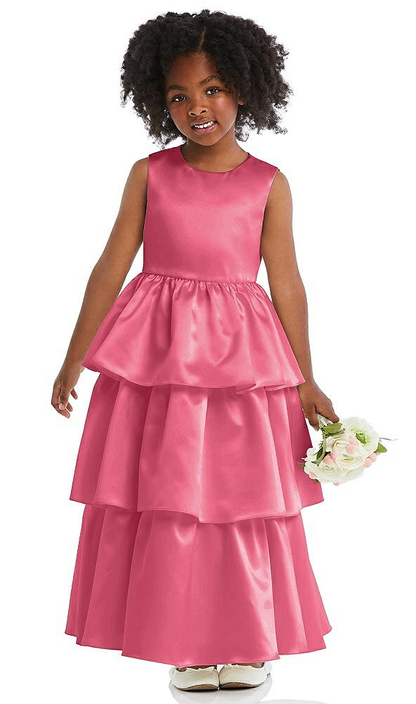 Front View - Punch Jewel Neck Tiered Skirt Satin Flower Girl Dress
