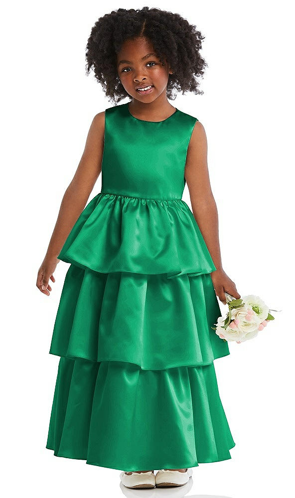 Front View - Pantone Emerald Jewel Neck Tiered Skirt Satin Flower Girl Dress