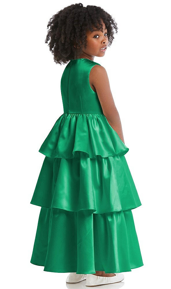Back View - Pantone Emerald Jewel Neck Tiered Skirt Satin Flower Girl Dress