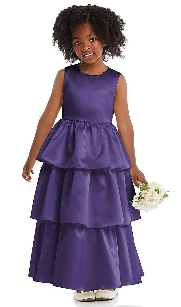 Front View - Regalia - PANTONE Ultra Violet Jewel Neck Tiered Skirt Satin Flower Girl Dress