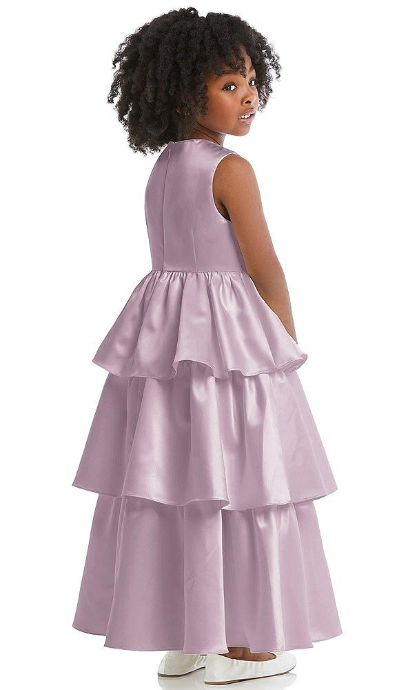 Back View - Suede Rose Jewel Neck Tiered Skirt Satin Flower Girl Dress
