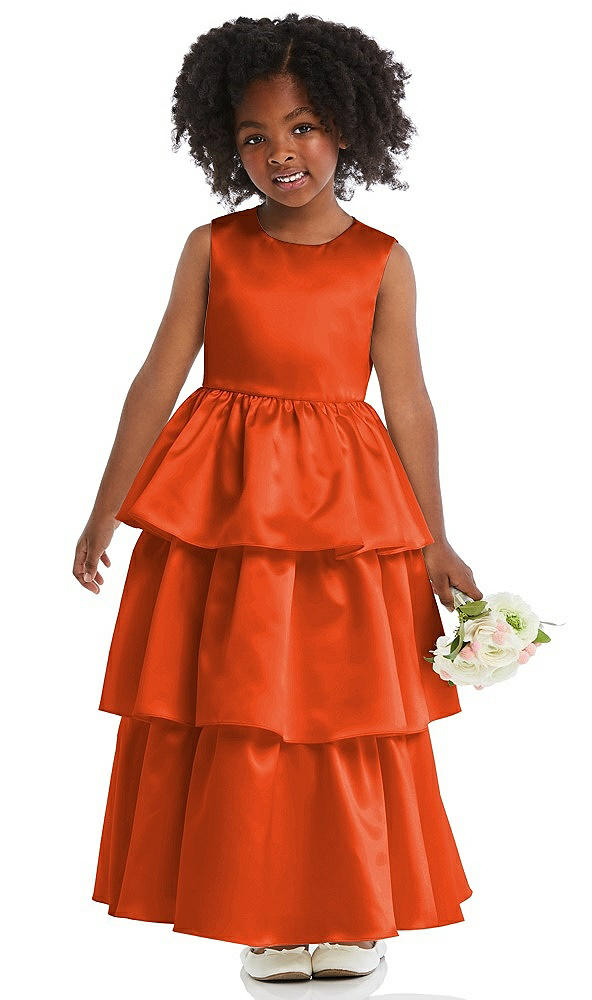 Front View - Tangerine Tango Jewel Neck Tiered Skirt Satin Flower Girl Dress