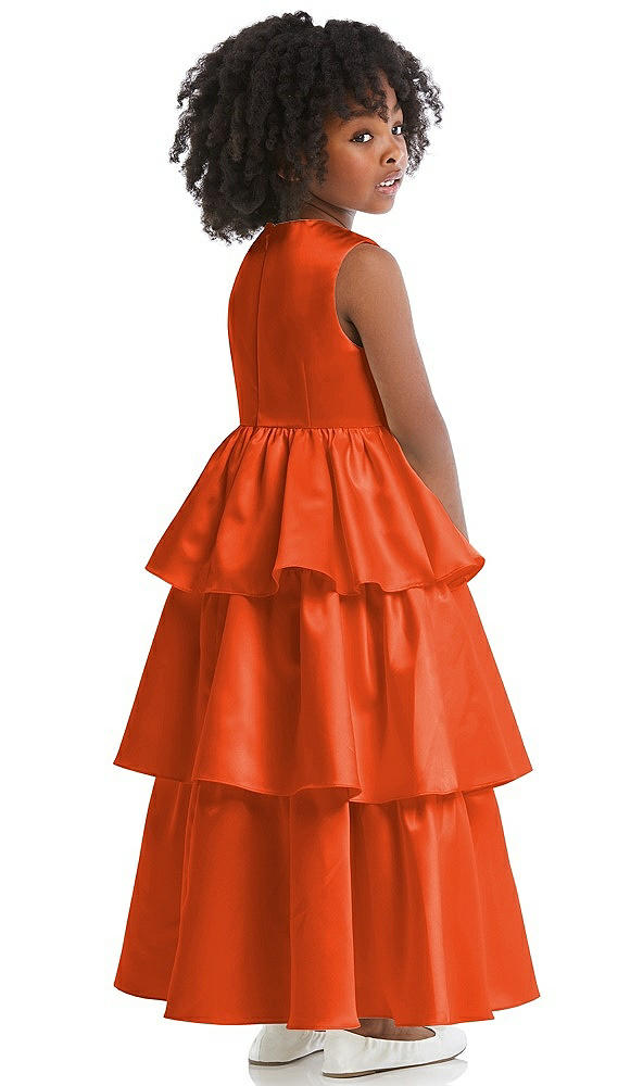 Back View - Tangerine Tango Jewel Neck Tiered Skirt Satin Flower Girl Dress