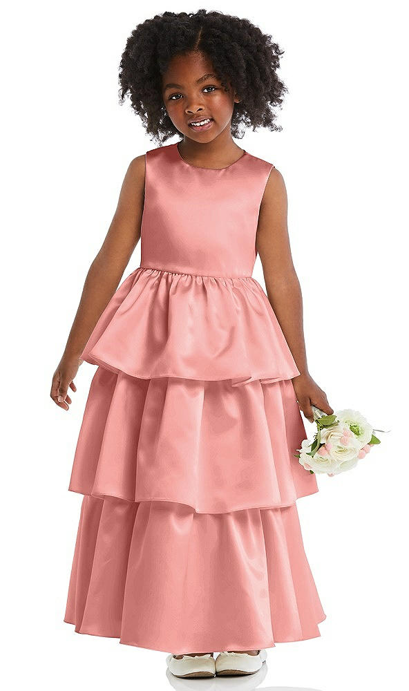 Front View - Apricot Jewel Neck Tiered Skirt Satin Flower Girl Dress